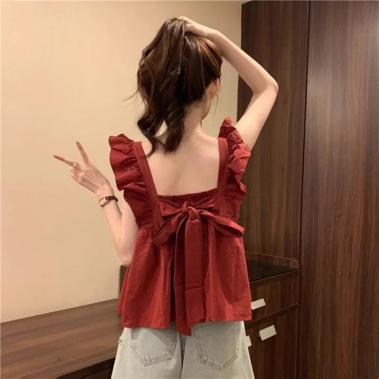 Women's Bow Tie Cami Top Summer Sleeveless Ruffle Hem Crop Top Vibrant Beachwear Loose Fit Casual Blouse