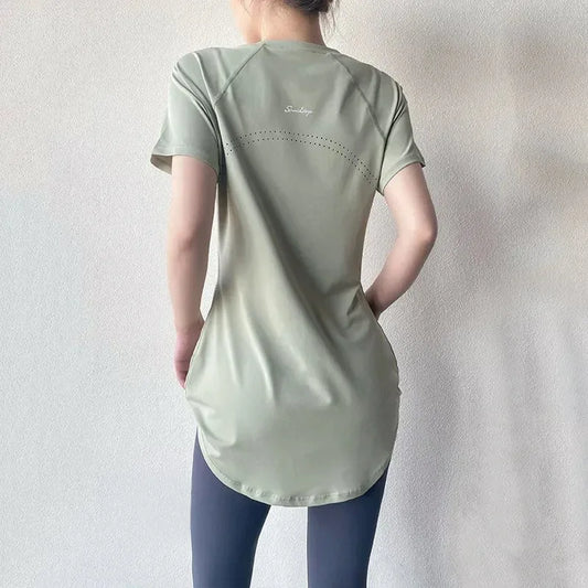 Sportswear Woman Gym 2025 Yoga Clothes Women Butt Cover Short Sleeve T-Shirt Quick Dry Fitness Top Breathable Slim Running Shirt