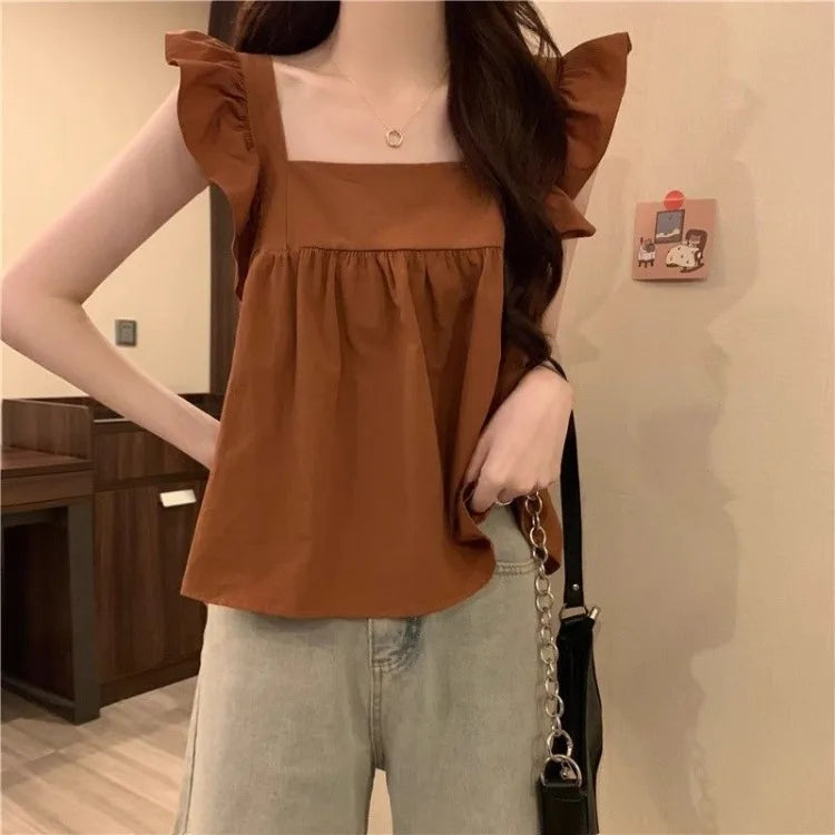 Women's Bow Tie Cami Top Summer Sleeveless Ruffle Hem Crop Top Vibrant Beachwear Loose Fit Casual Blouse