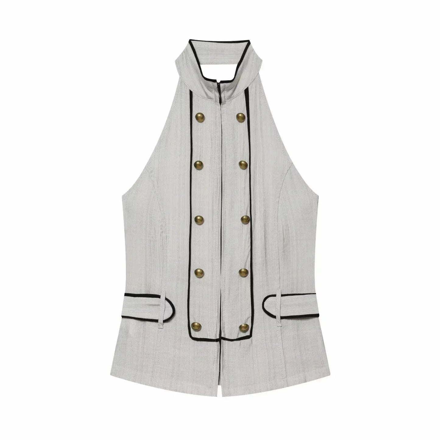 New Women Summer Elegant Silk Texture Tops Fashion Women Vacation Halter Backless Beach Style Lady Button Decor Casual Chic Tops