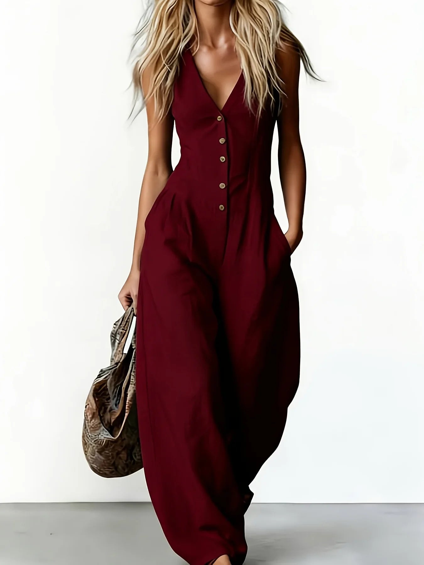Women V Neck Spaghetti Strap Denim Jumpsuit High Waist Pleated Wide Leg Long Pants with Pockets Casual Vacation Solid Overalls