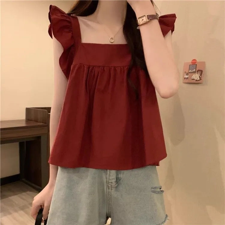 Women's Bow Tie Cami Top Summer Sleeveless Ruffle Hem Crop Top Vibrant Beachwear Loose Fit Casual Blouse