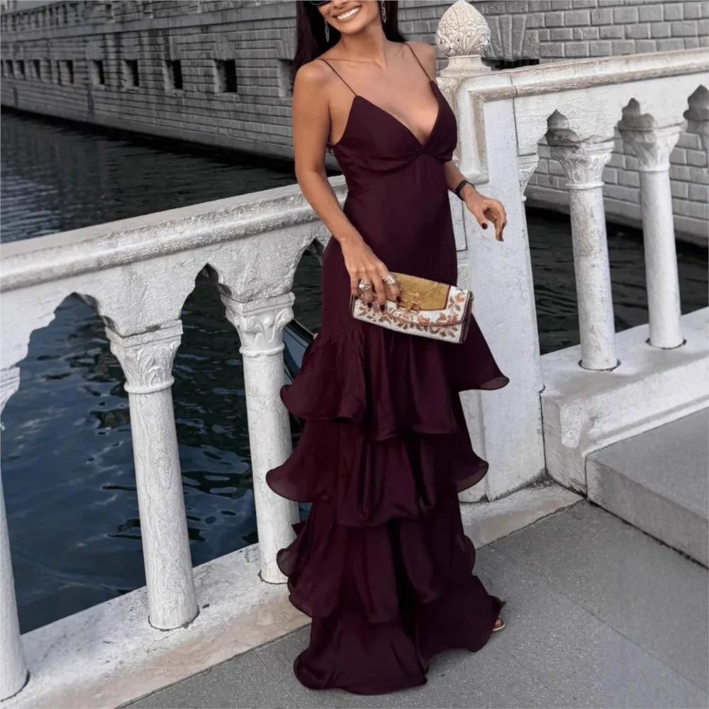 Women's French Deep V Tube Waist Dress Suspender Cake Dress Temperament Simple Style Sexy Solid Color Vestidos Spaghetti Strap
