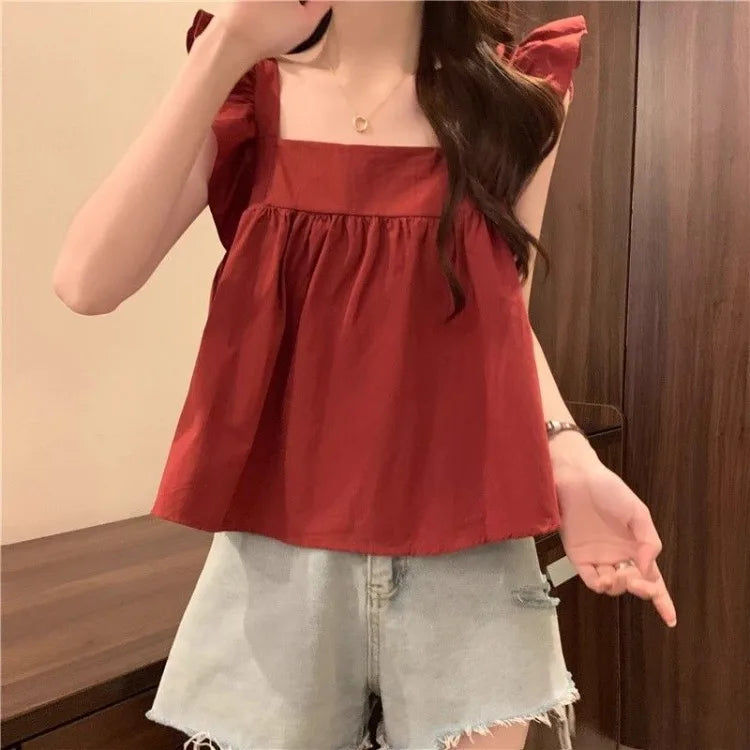 Women's Bow Tie Cami Top Summer Sleeveless Ruffle Hem Crop Top Vibrant Beachwear Loose Fit Casual Blouse