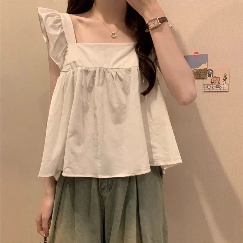 Women's Bow Tie Cami Top Summer Sleeveless Ruffle Hem Crop Top Vibrant Beachwear Loose Fit Casual Blouse