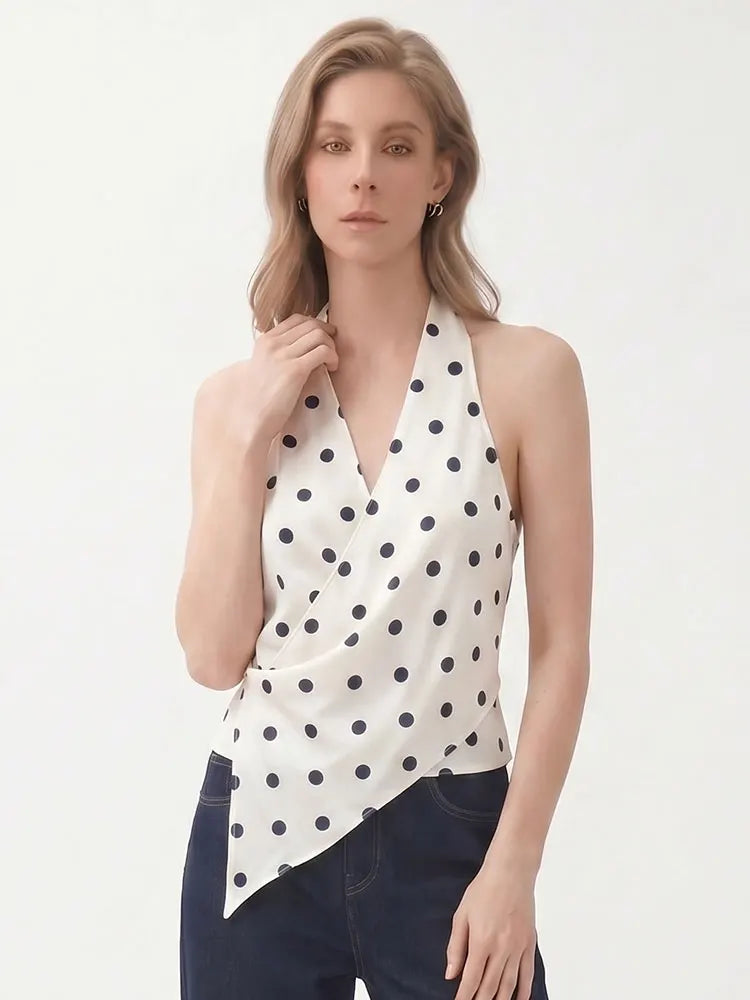 HH Minimalist Womens Backless Sleeveless Halter Top V Neck Casual Office Workwear Weekend Sexy Party Vacation Polka Dot Vest