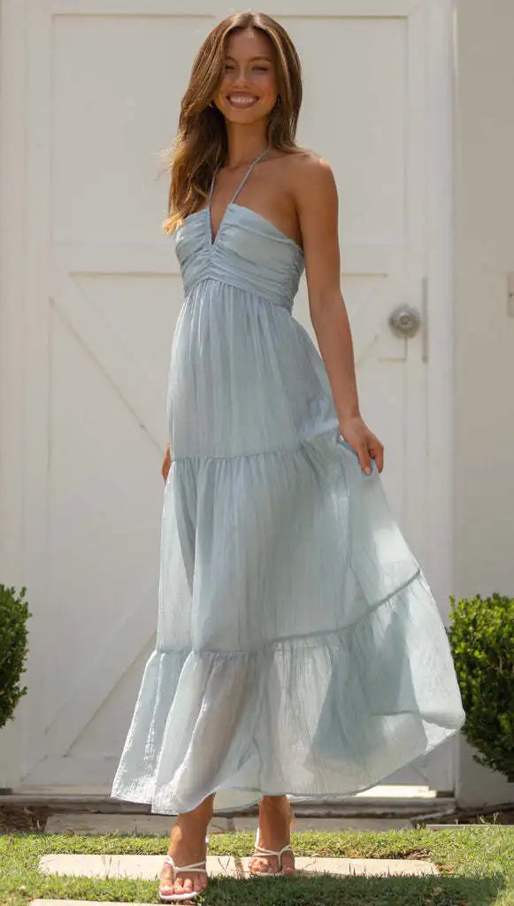 Summer Holiday Long Dresses 2025 Women's Spaghetti Strap V Neck Chic Sleeveless Flowing Dress Vacation Beach Vestidos Para Mujer