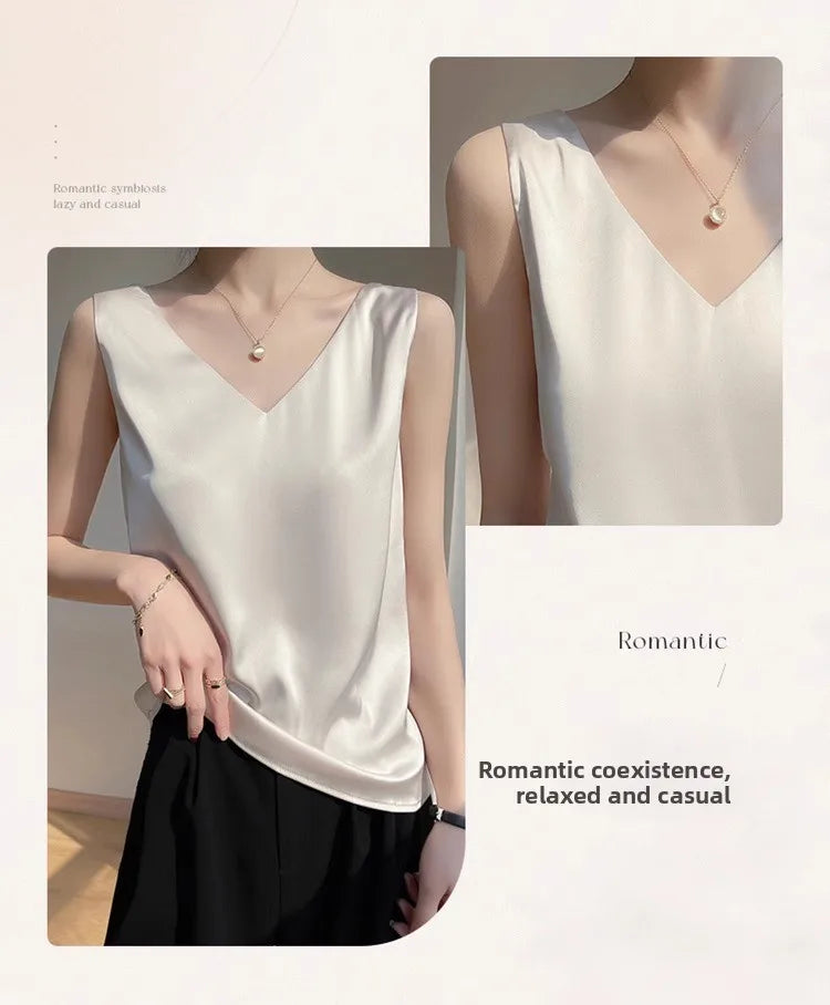Silk Satin Vest Women's New 2025 Sleeveless V-neck Camisole Acetate Georgette Base Shirt Office Commute Style  Color