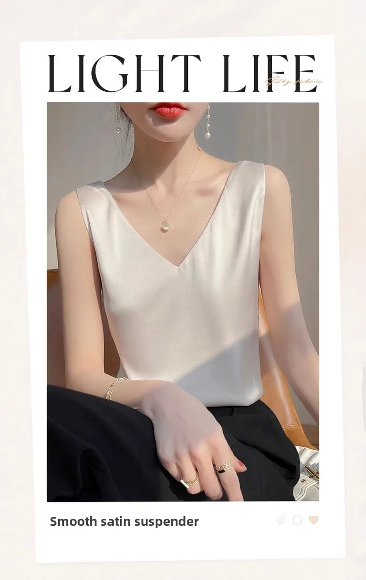 Silk Satin Vest Women's New 2025 Sleeveless V-neck Camisole Acetate Georgette Base Shirt Office Commute Style  Color