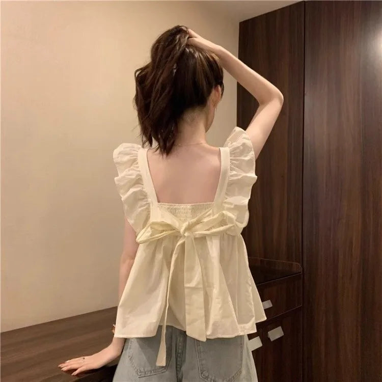 Women's Bow Tie Cami Top Summer Sleeveless Ruffle Hem Crop Top Vibrant Beachwear Loose Fit Casual Blouse