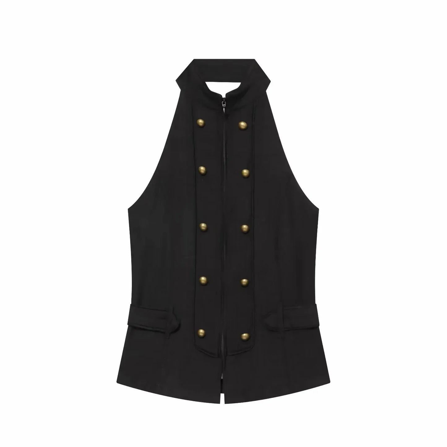 New Women Summer Elegant Silk Texture Tops Fashion Women Vacation Halter Backless Beach Style Lady Button Decor Casual Chic Tops