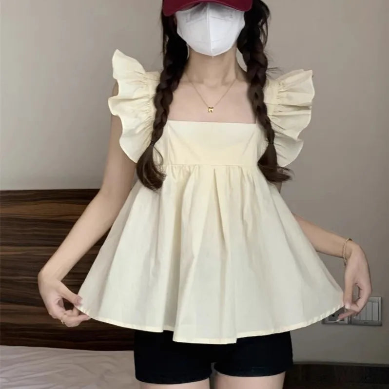 Women's Bow Tie Cami Top Summer Sleeveless Ruffle Hem Crop Top Vibrant Beachwear Loose Fit Casual Blouse