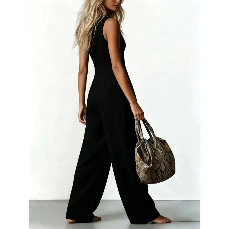 Women V Neck Spaghetti Strap Denim Jumpsuit High Waist Pleated Wide Leg Long Pants with Pockets Casual Vacation Solid Overalls