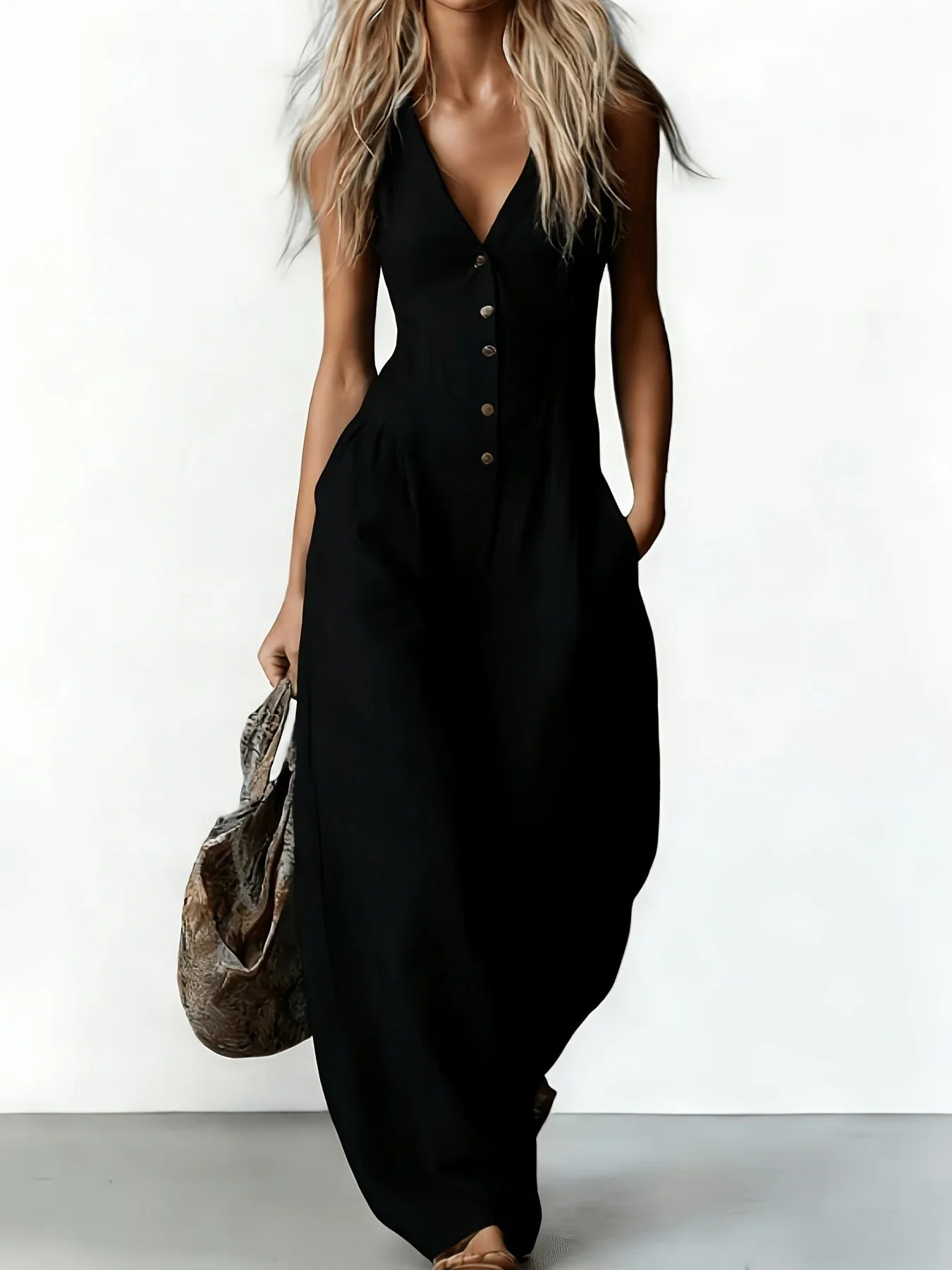 Women V Neck Spaghetti Strap Denim Jumpsuit High Waist Pleated Wide Leg Long Pants with Pockets Casual Vacation Solid Overalls