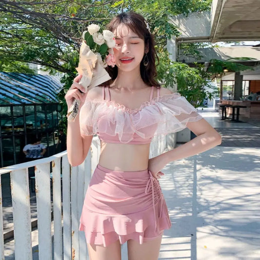 Ins Slim Fit A-line Skirt Swimsuit Off Shoulder Puff Ruffle Lace Ruffled Bathing Suit Beachwear Two Pieces Set Swimwear Swimming