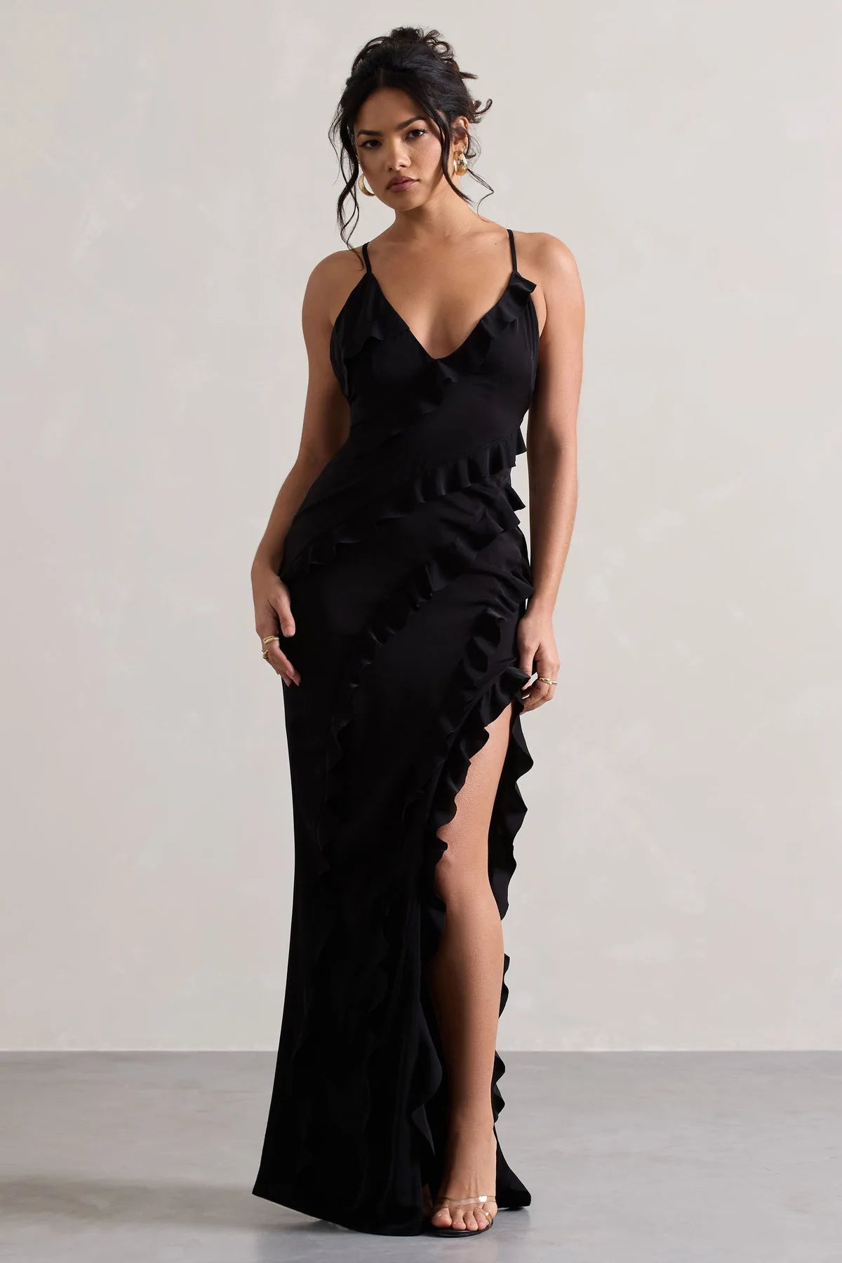 Sexy Ruffles Sling Maxi Dress Women Sleeveless Backless V-neck Party Evening Dresses French Summer Lady Elegant Slim Split Robes