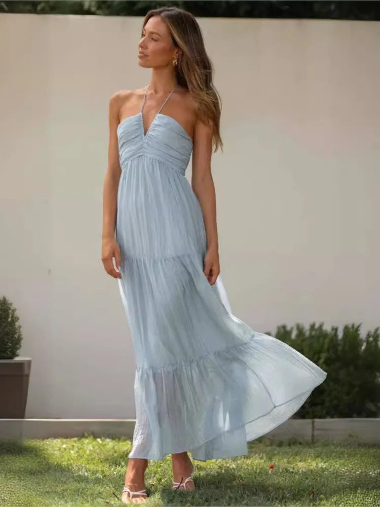 Summer Holiday Long Dresses 2025 Women's Spaghetti Strap V Neck Chic Sleeveless Flowing Dress Vacation Beach Vestidos Para Mujer