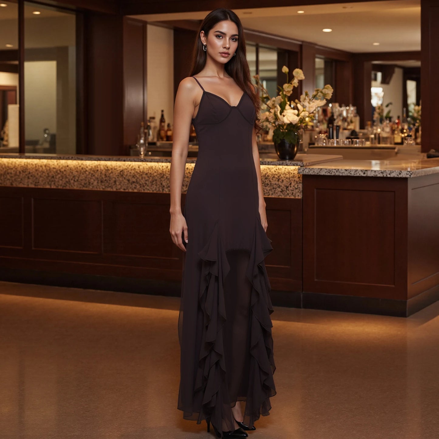 New Women Long Dress Solid Color Ruffles High Slit Spaghetti Strap Cami Dress Summer Fashion Sleeveless Casual Dress S M L
