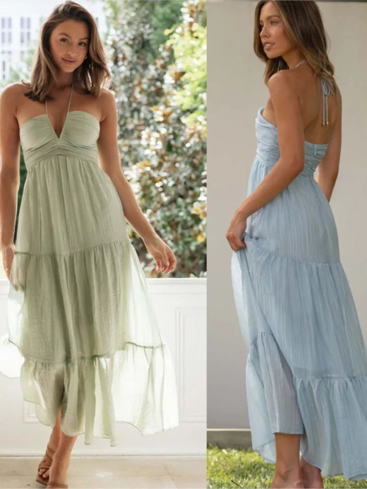 Summer Holiday Long Dresses 2025 Women's Spaghetti Strap V Neck Chic Sleeveless Flowing Dress Vacation Beach Vestidos Para Mujer