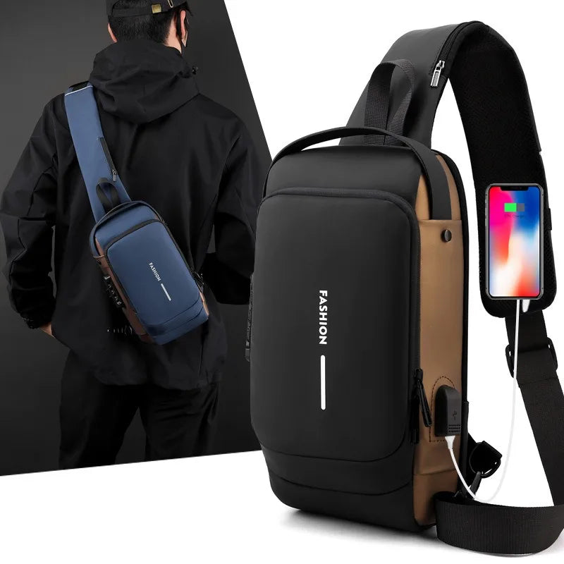 Men's Anti-Theft Password Lock Chest Bag Durable Fabric Adjustable Shoulder Strap Fashion Motorcycle Leisure Sport Crossbody Bag