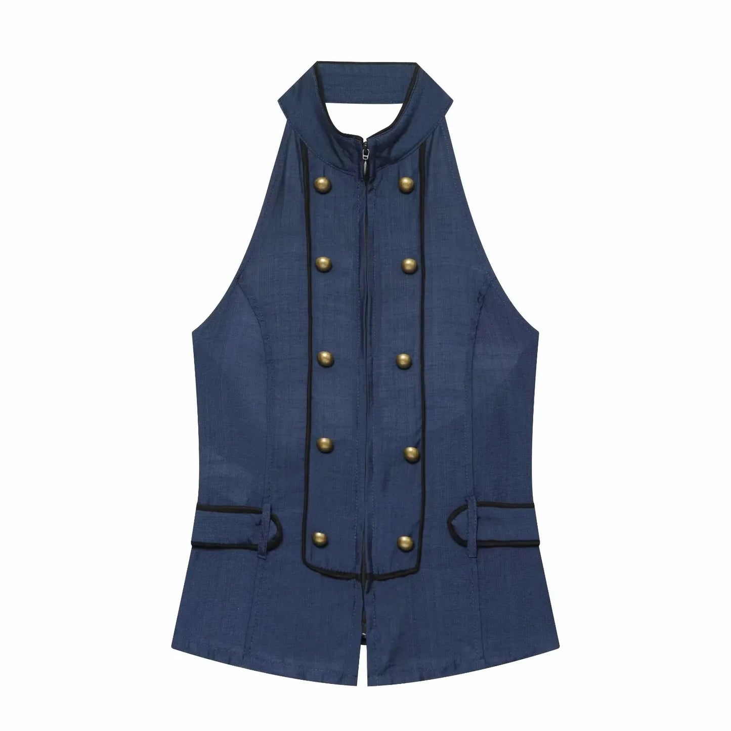 New Women Summer Elegant Silk Texture Tops Fashion Women Vacation Halter Backless Beach Style Lady Button Decor Casual Chic Tops
