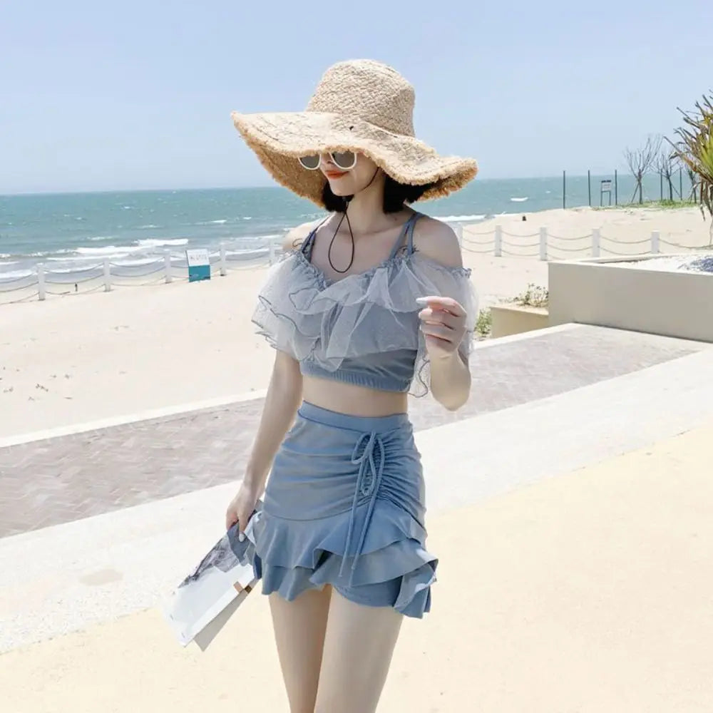 Ins Slim Fit A-line Skirt Swimsuit Off Shoulder Puff Ruffle Lace Ruffled Bathing Suit Beachwear Two Pieces Set Swimwear Swimming