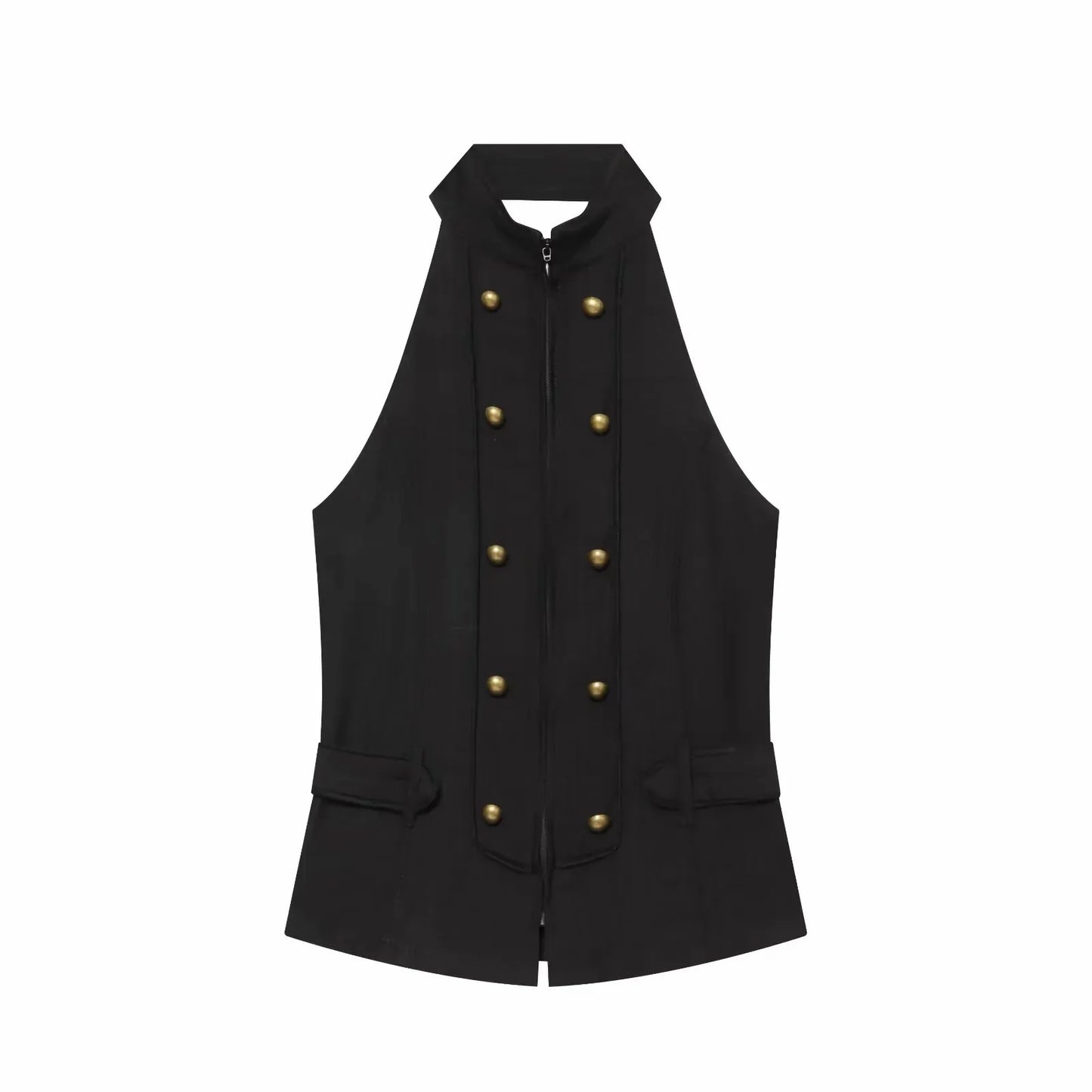 New Women Summer Elegant Silk Texture Tops Fashion Women Vacation Halter Backless Beach Style Lady Button Decor Casual Chic Tops