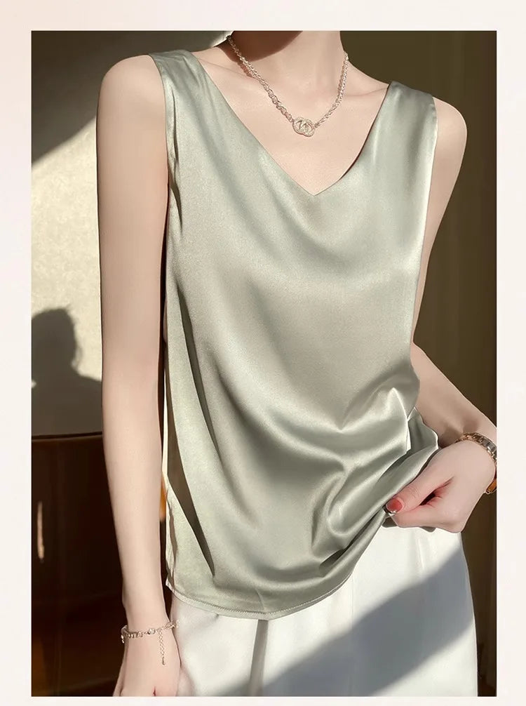 Silk Satin Vest Women's New 2025 Sleeveless V-neck Camisole Acetate Georgette Base Shirt Office Commute Style  Color