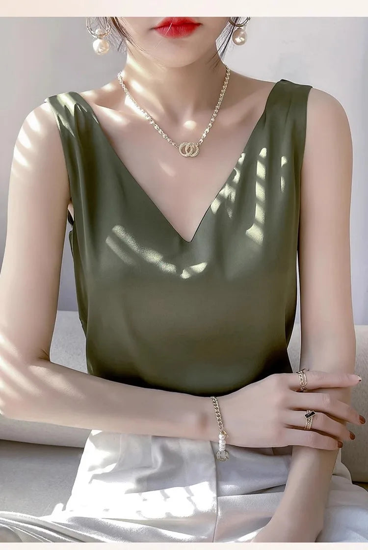 Silk Satin Vest Women's New 2025 Sleeveless V-neck Camisole Acetate Georgette Base Shirt Office Commute Style  Color