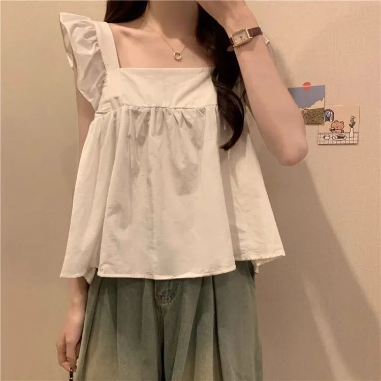 Women's Bow Tie Cami Top Summer Sleeveless Ruffle Hem Crop Top Vibrant Beachwear Loose Fit Casual Blouse