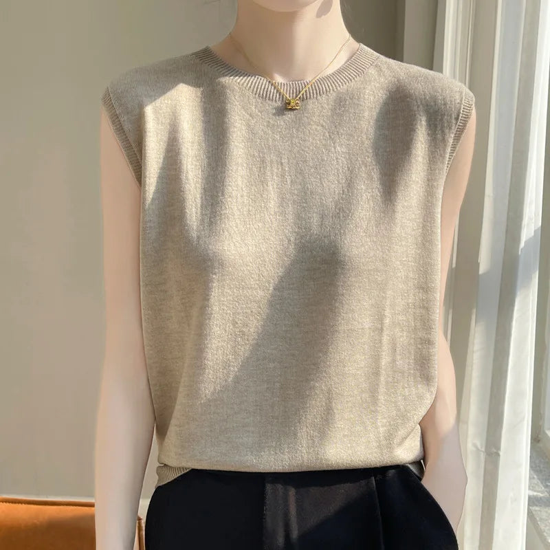 Women Knitted Tank Tops Round-neck Sleeveless Bottoming Shirts Spring Summer Tank Top Solid Soft Korean Fashion Lady Knit Top