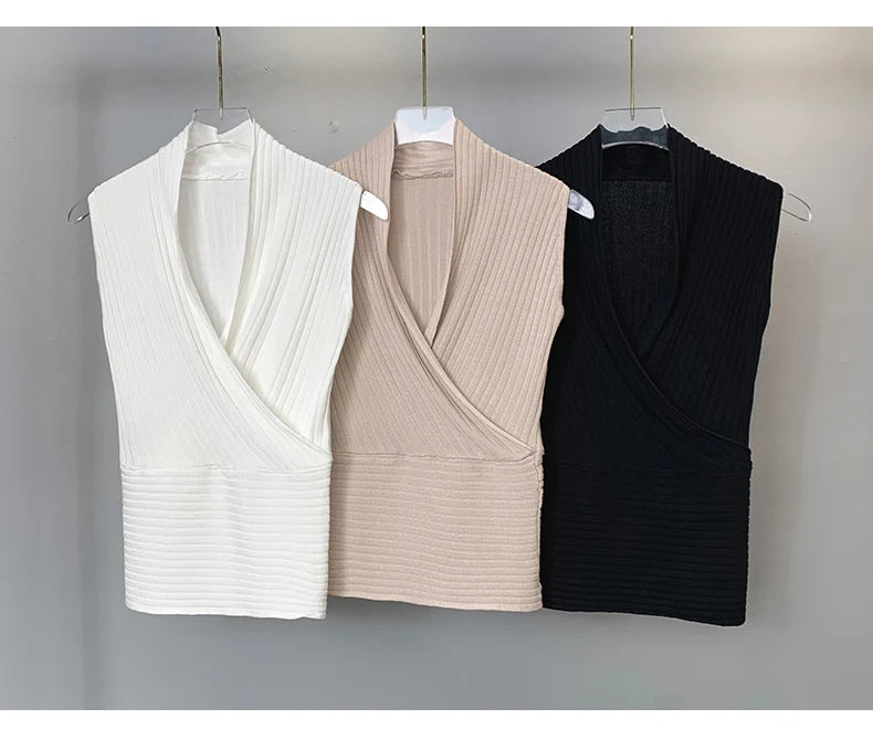 Sexy Deep V-Neck Knitted Crop Top Slim Fit Sleeveless Short Vest Summer New Style Zilihua Commute Style Pure Color Base Shirt
