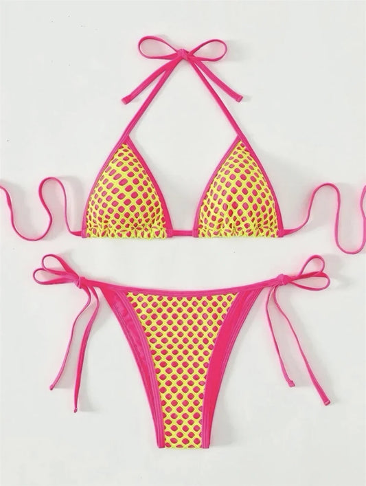 Y2K Holes String Bikini Thong Halter Backless Sexy Triangle Mesh Swimsuit Vacation Swimwear Push Up Women Beachwear Bathing Suit