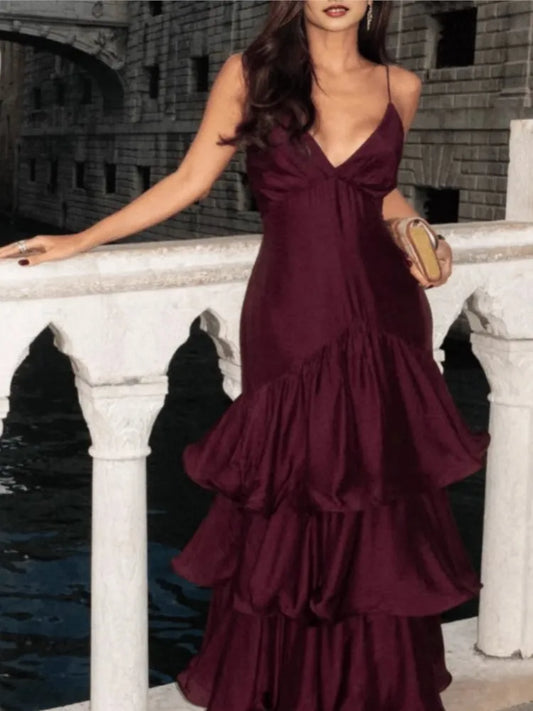 Women's French Deep V Tube Waist Dress Suspender Cake Dress Temperament Simple Style Sexy Solid Color Vestidos Spaghetti Strap