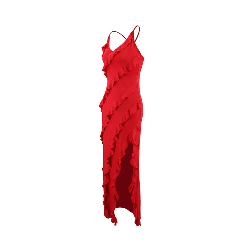 Sexy Ruffles Sling Maxi Dress Women Sleeveless Backless V-neck Party Evening Dresses French Summer Lady Elegant Slim Split Robes