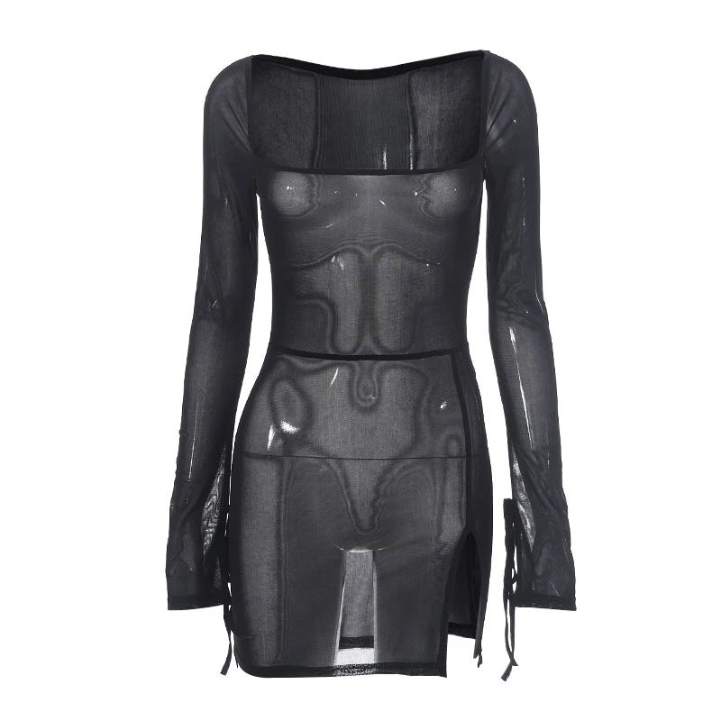 Square Collar Solid Mini Dress For Women Y2k Clothes Gauze Sexi Night Dress Hot Club Outfits Sheer Vestidos De Mujer Long Sleeve
