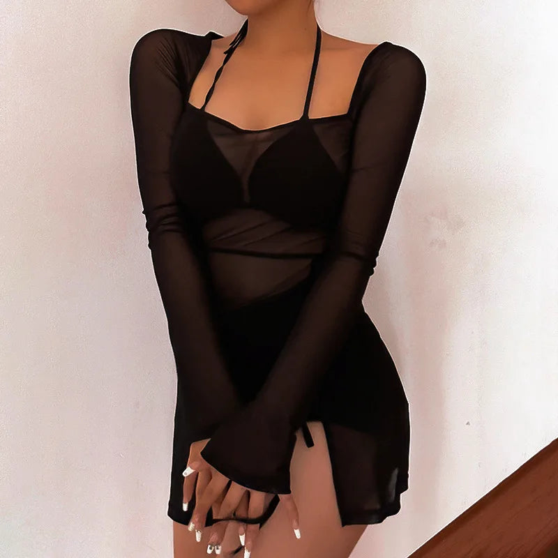 Square Collar Solid Mini Dress For Women Y2k Clothes Gauze Sexi Night Dress Hot Club Outfits Sheer Vestidos De Mujer Long Sleeve