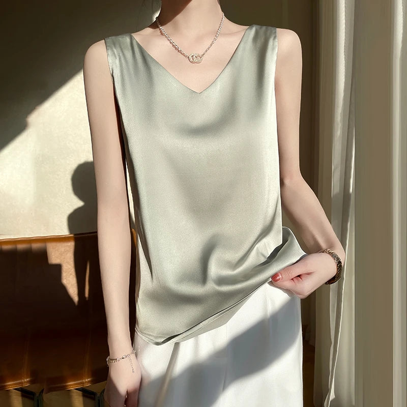 Silk Satin Vest Women's New 2025 Sleeveless V-neck Camisole Acetate Georgette Base Shirt Office Commute Style  Color