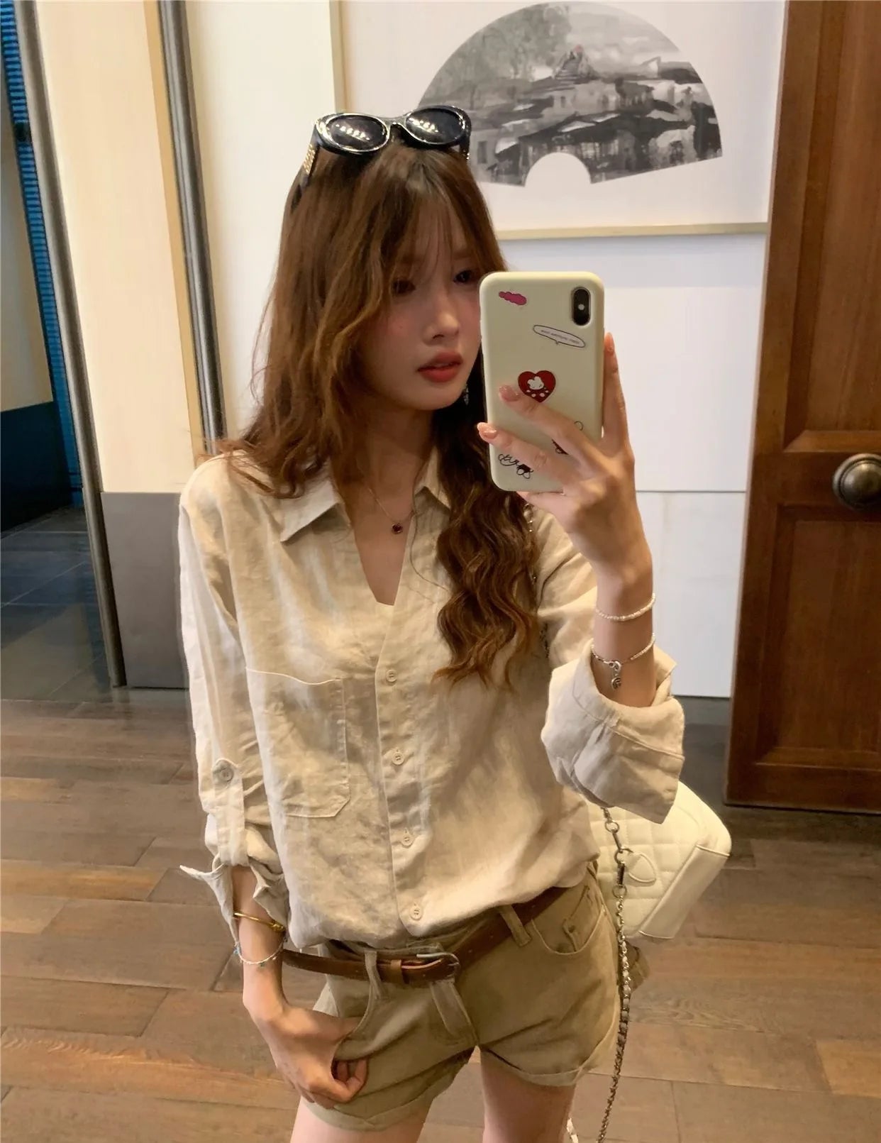 Women Old Money Linen Shirt Lapel V Neck Roll Tab Sleeve Loose Oversized Sun Protection Casual Blouse Summer Tops