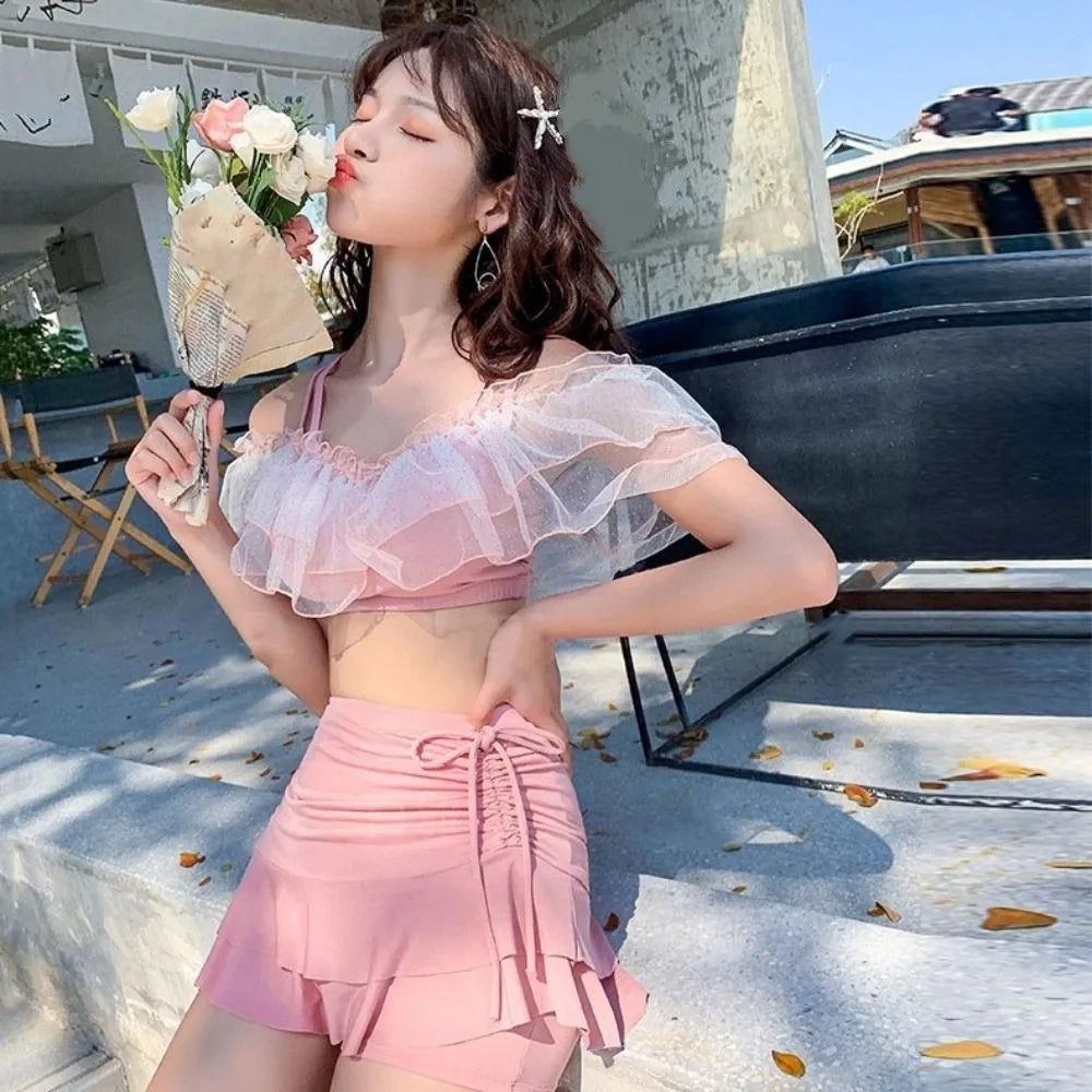 Ins Slim Fit A-line Skirt Swimsuit Off Shoulder Puff Ruffle Lace Ruffled Bathing Suit Beachwear Two Pieces Set Swimwear Swimming