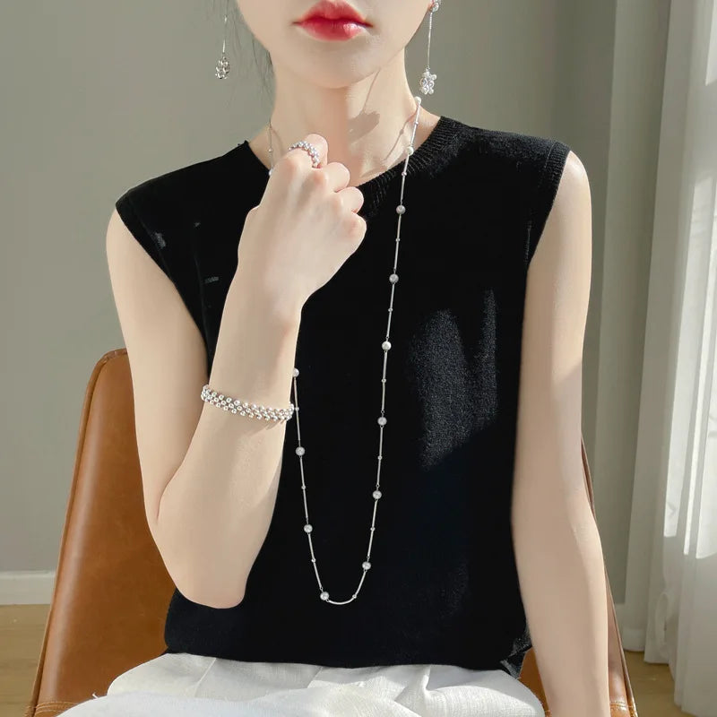 Women Knitted Tank Tops Round-neck Sleeveless Bottoming Shirts Spring Summer Tank Top Solid Soft Korean Fashion Lady Knit Top