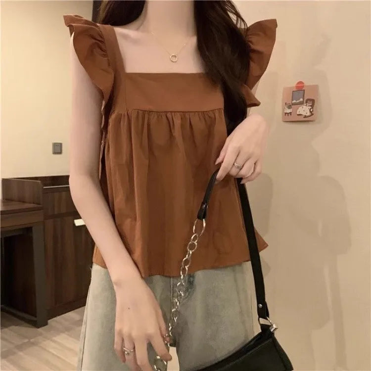 Women's Bow Tie Cami Top Summer Sleeveless Ruffle Hem Crop Top Vibrant Beachwear Loose Fit Casual Blouse