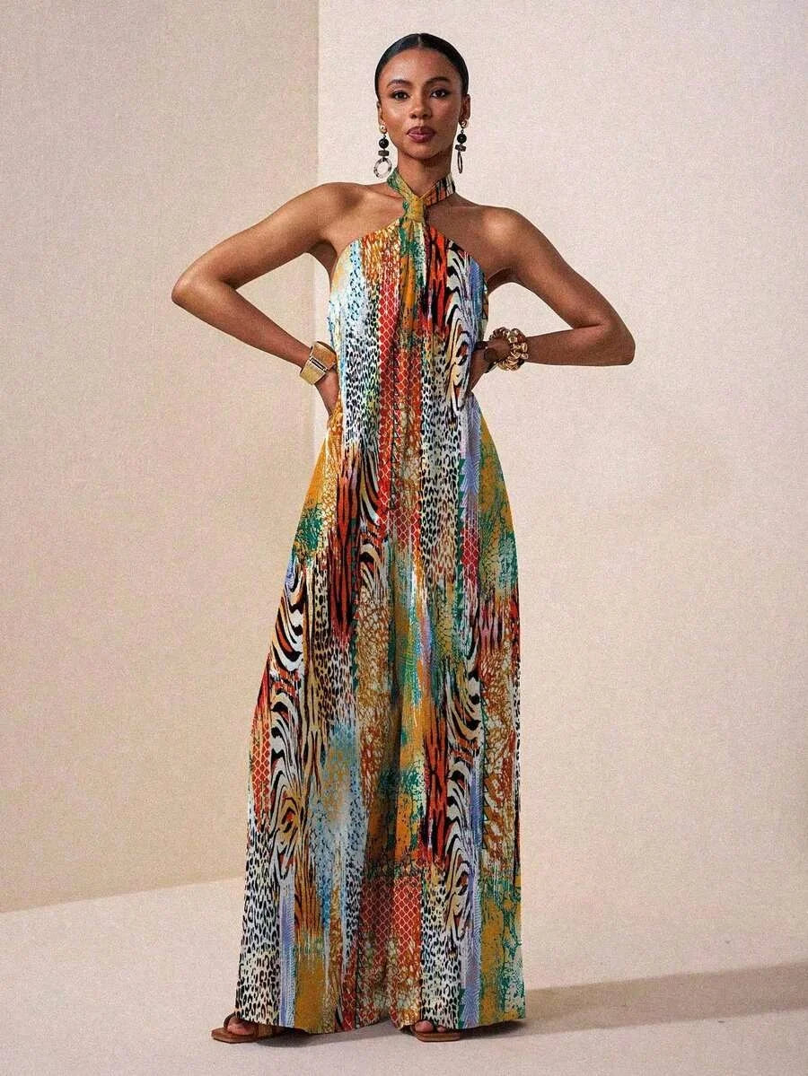 Women's Halter Neck Backless Printed Maxi Dress Loose Fit Sleeveless Bohemian Casual Dress Spring Summer Vacation Beach Outfit