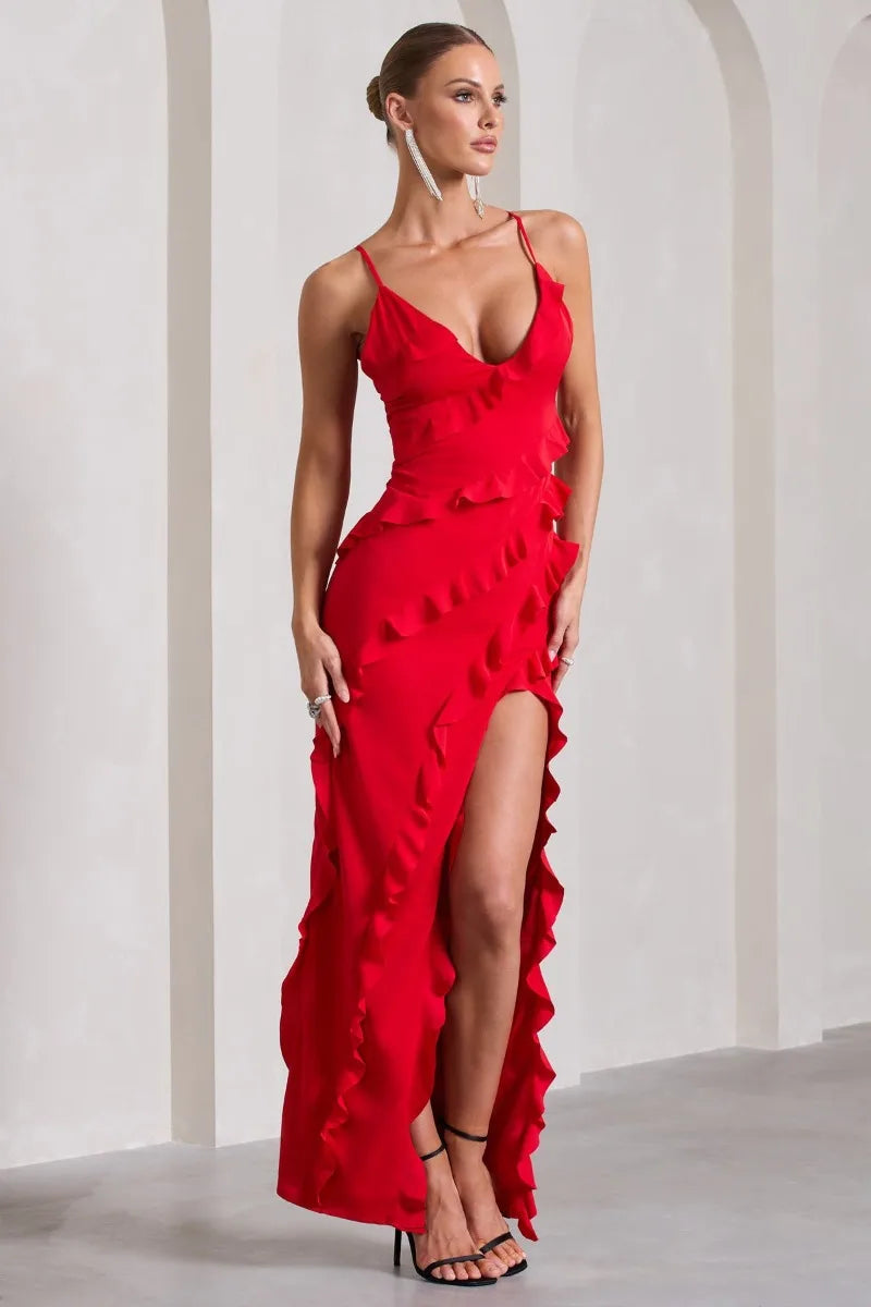 Sexy Ruffles Sling Maxi Dress Women Sleeveless Backless V-neck Party Evening Dresses French Summer Lady Elegant Slim Split Robes