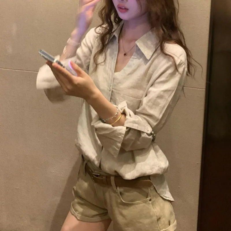 Women Old Money Linen Shirt Lapel V Neck Roll Tab Sleeve Loose Oversized Sun Protection Casual Blouse Summer Tops
