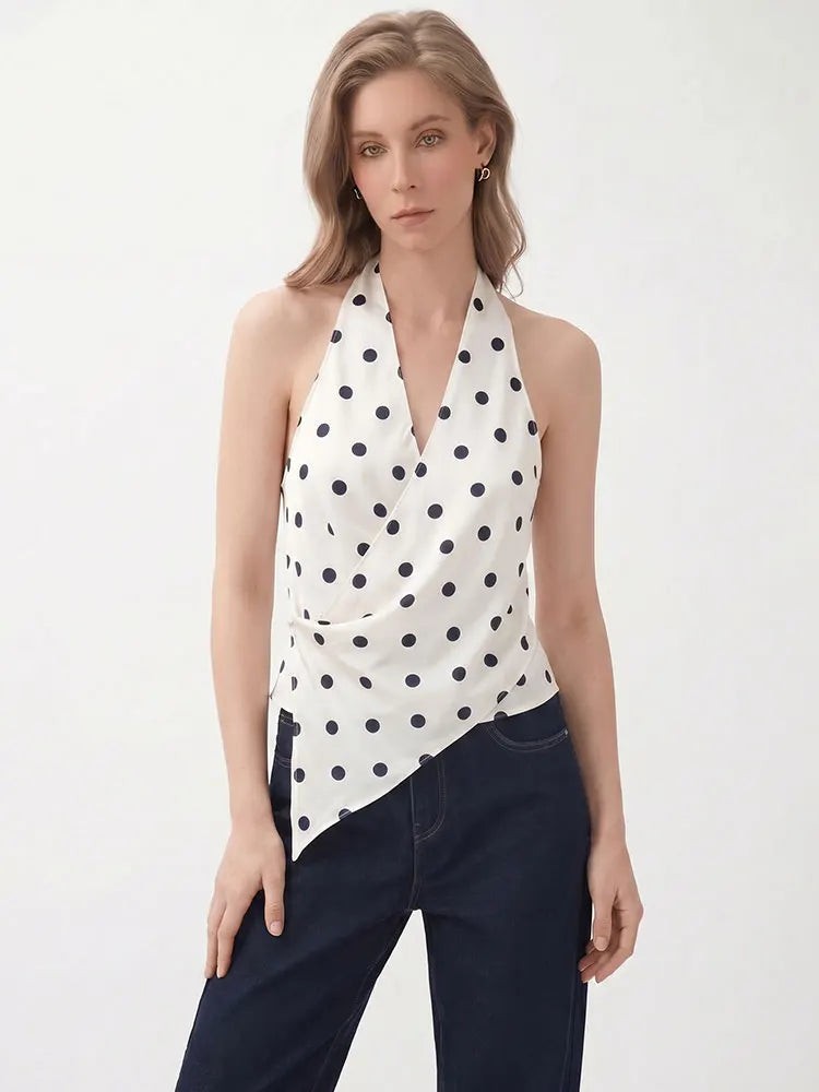 HH Minimalist Womens Backless Sleeveless Halter Top V Neck Casual Office Workwear Weekend Sexy Party Vacation Polka Dot Vest