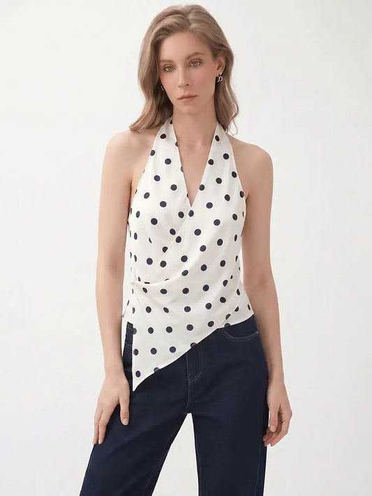 HH Minimalist Womens Backless Sleeveless Halter Top V Neck Casual Office Workwear Weekend Sexy Party Vacation Polka Dot Vest
