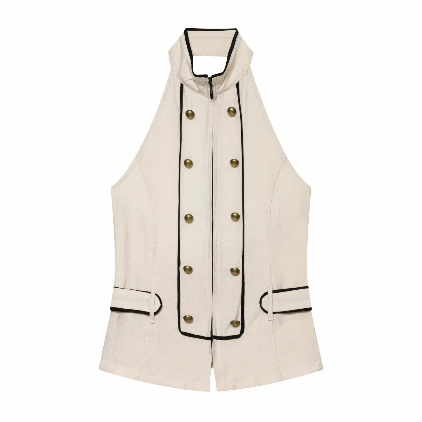 New Women Summer Elegant Silk Texture Tops Fashion Women Vacation Halter Backless Beach Style Lady Button Decor Casual Chic Tops