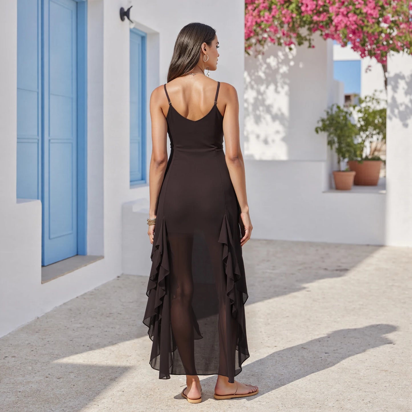 New Women Long Dress Solid Color Ruffles High Slit Spaghetti Strap Cami Dress Summer Fashion Sleeveless Casual Dress S M L