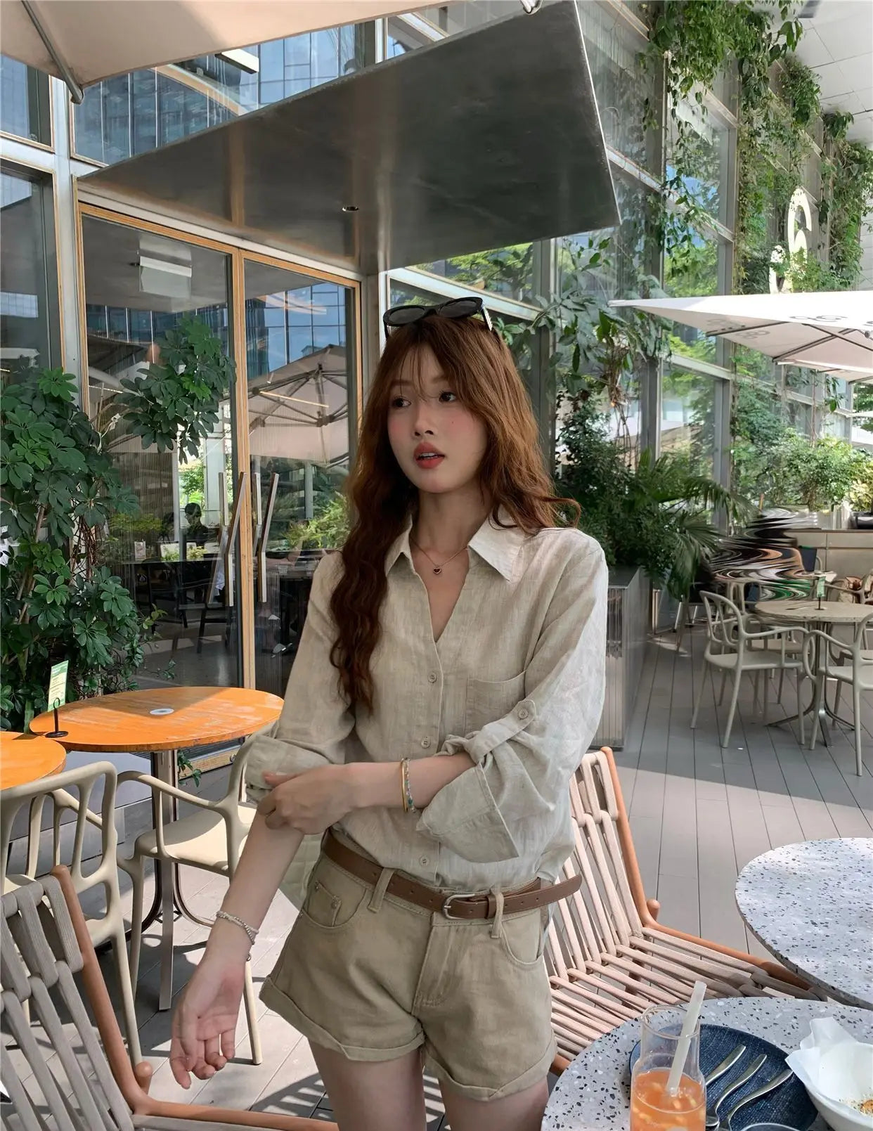 Women Old Money Linen Shirt Lapel V Neck Roll Tab Sleeve Loose Oversized Sun Protection Casual Blouse Summer Tops